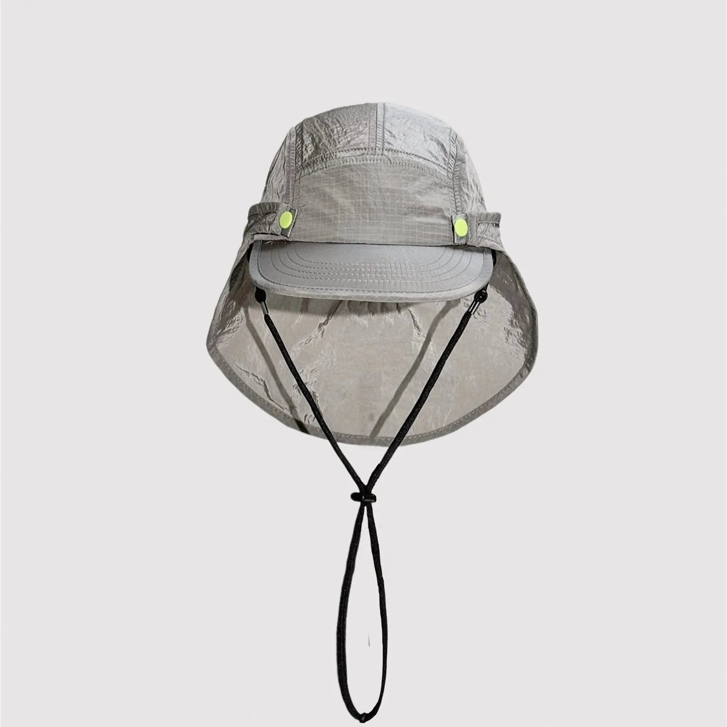 Grey nylon neck flap sun cap with short brim and outdoor casual design