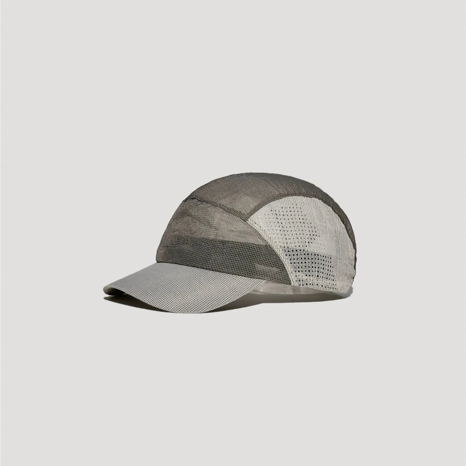 Grey and white nylon cap featuring contrast mesh panels and modern outdoor design