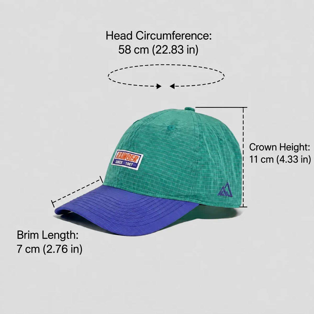 Grid-textured baseball cap size guide in teal green and purple, showing a 58 cm head circumference, 7 cm brim and 11 cm crown