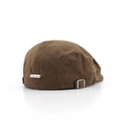 Herringbone flat cap in camel brown, rear angle with a silver nameplate, short peak and adjustable metal buckle