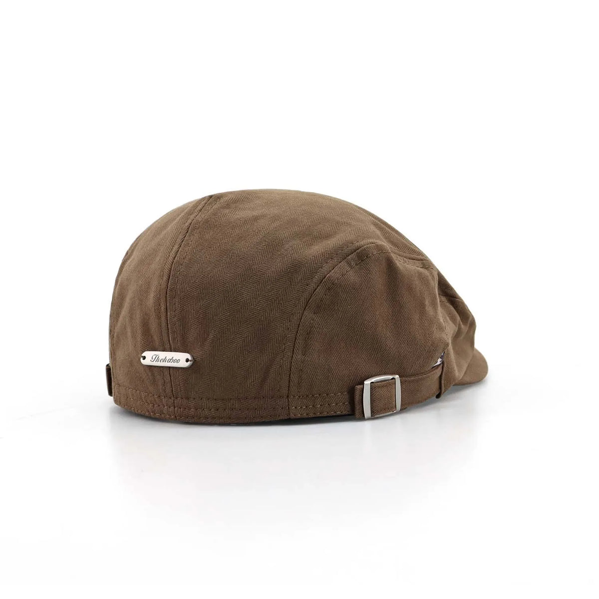 Herringbone flat cap in camel brown, rear angle with a silver nameplate, short peak and adjustable metal buckle