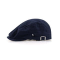 Herringbone flat cap in navy, side profile with a close-fitting crown, short peak and rectangular metal buckle