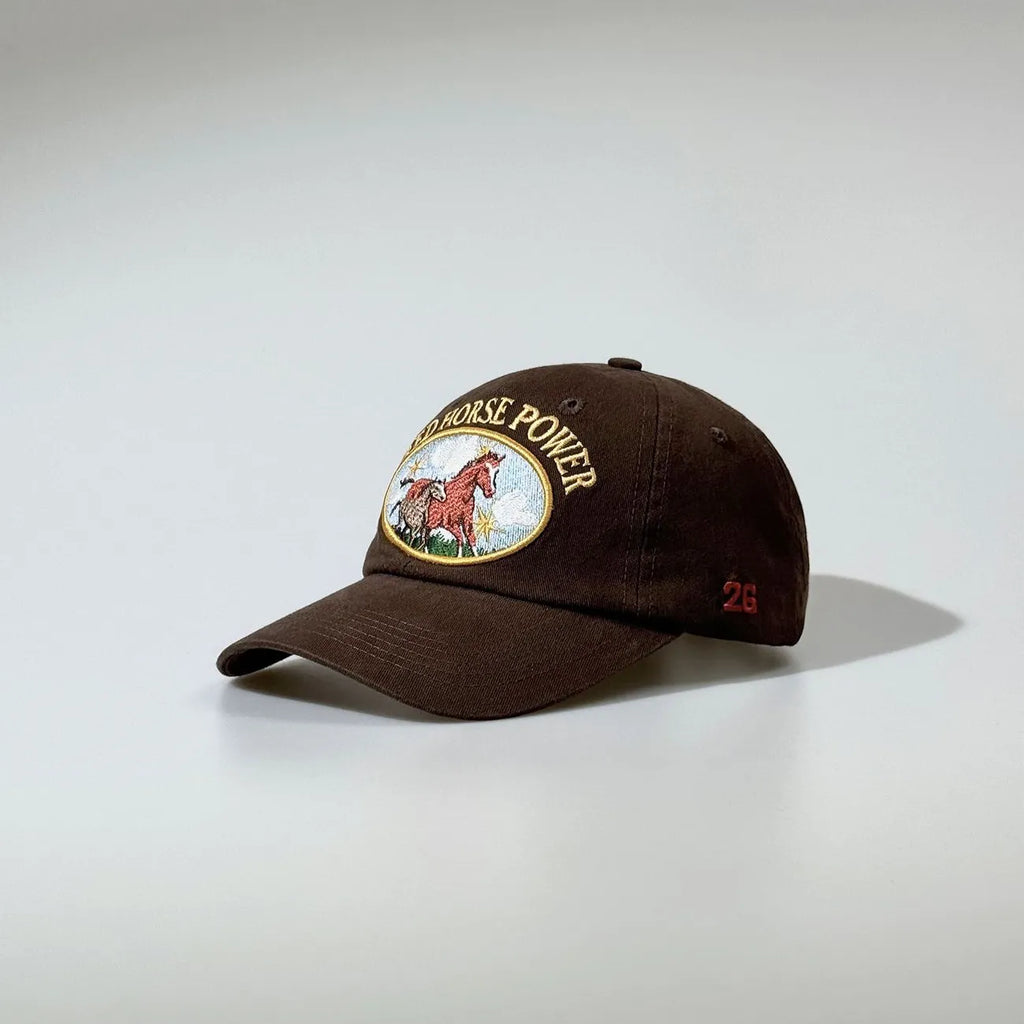 Brown cotton dad hat with horse embroidery and side number 26 stitching
