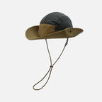 Oblique view wide brim sun hat, khaki green spliced quick dry fabric, equipped with removable windproof lanyard for outdoor sports