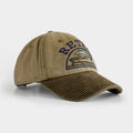 Three-quarter product view of a khaki cotton baseball cap with fish embroidery and an olive corduroy curved brim