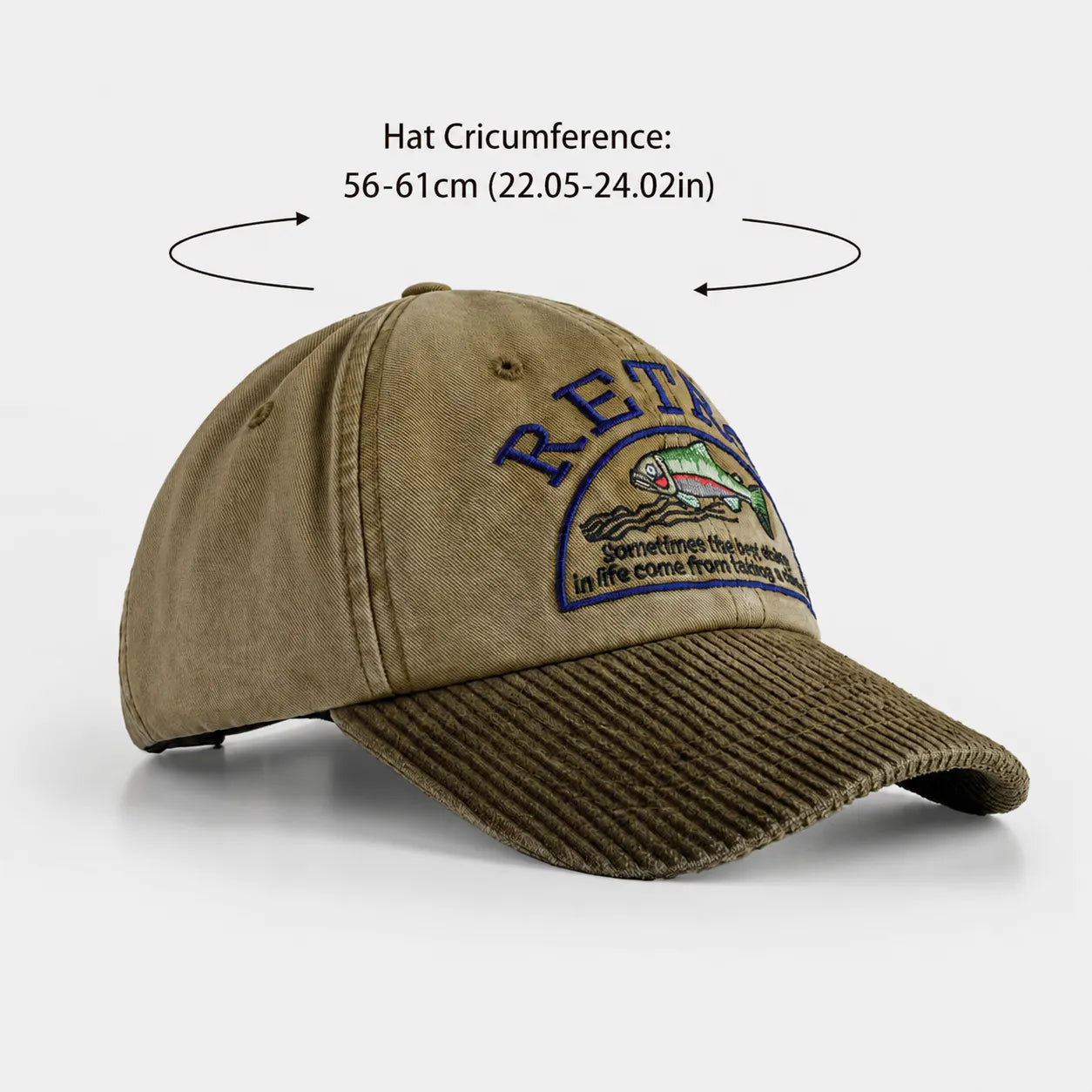 Khaki cotton baseball cap with RETRO fish embroidery, ribbed corduroy curved brim and 56–61 cm adjustable hat circumference