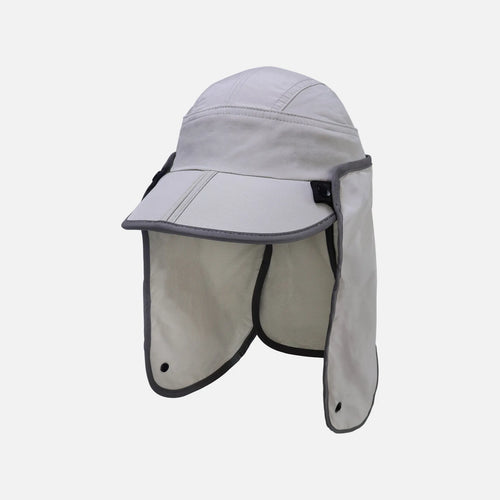 Side view beige outdoor sun hat with detachable neck flap, UPF50+ full face and neck UV protection, lightweight quick dry cap for fishing hiking camping