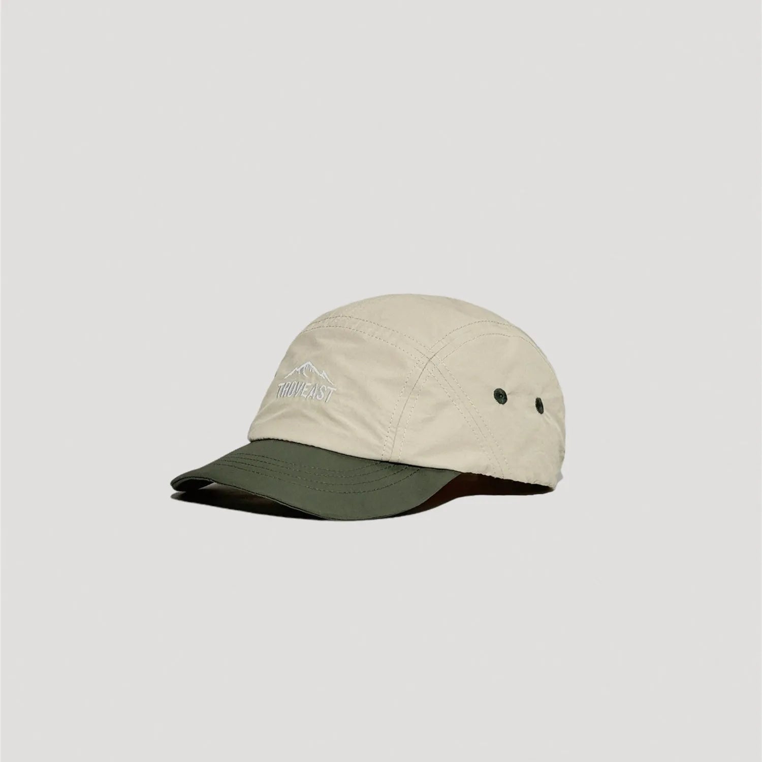 Beige nylon 5 panel hiking cap with lightweight outdoor inspired desig