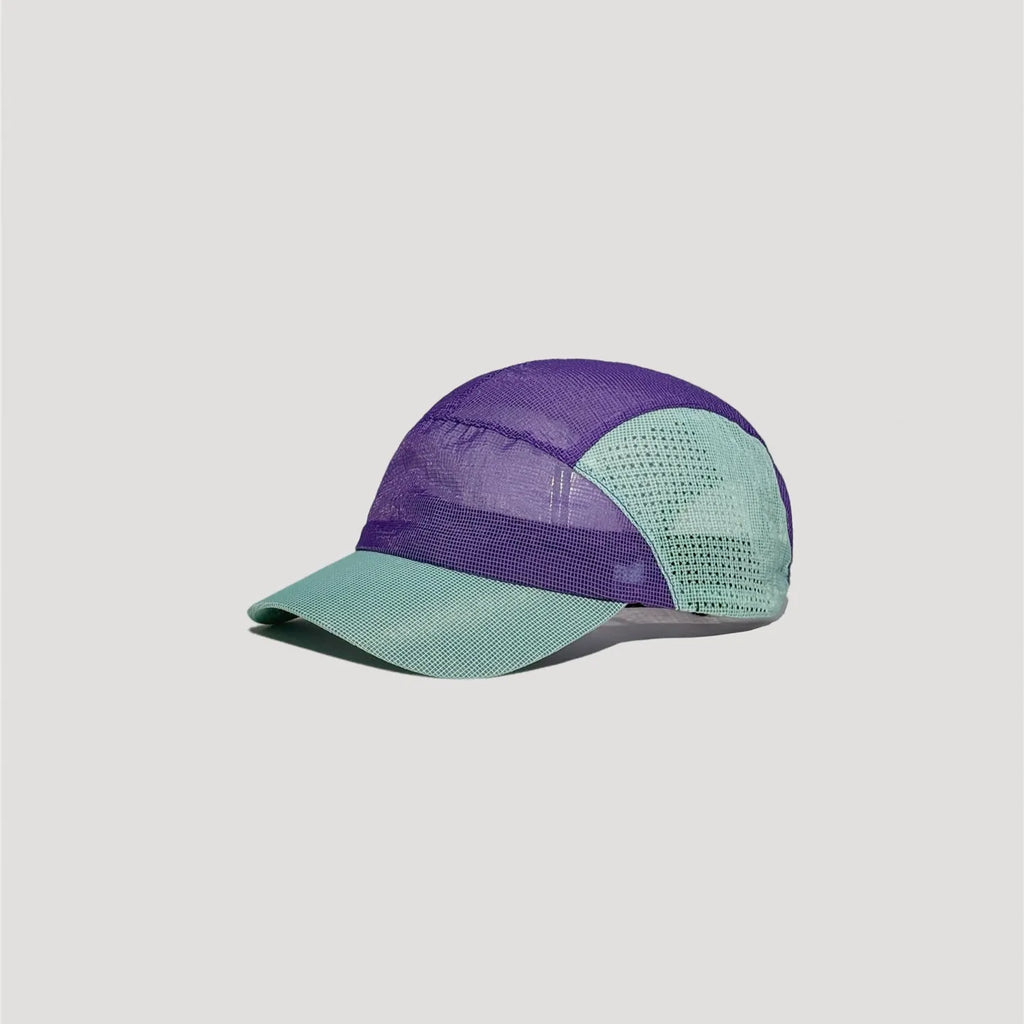 Side view of lightweight nylon mesh outdoor cap with structured five panel construction