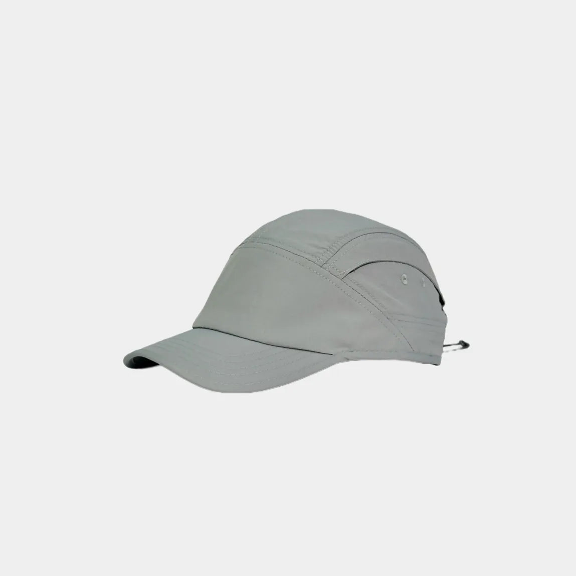Lightweight nylon sports cap in light grey, angled view showing the low-profile crown and tonal panel stitching