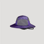 Purple nylon outdoor bucket hat with wide brim silhouette and technical design details