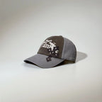 Men's grey vintage embroidered baseball cap with a two-tone design, gothic lettering and curved brim.