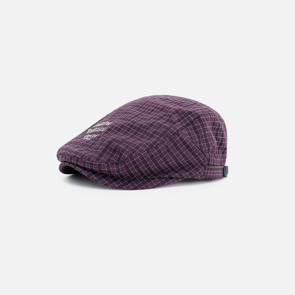 Men's purple plaid ivy cap with a curved brim, lightweight fabric and adjustable fit.