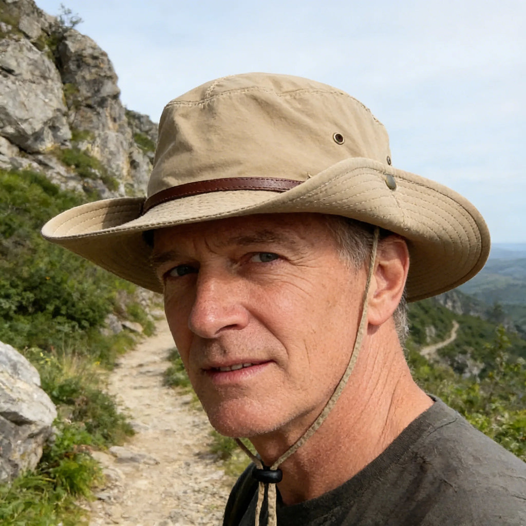 Men's safari hat in beige worn on a rocky hiking trail, with the wide brim and chin cord clearly visible