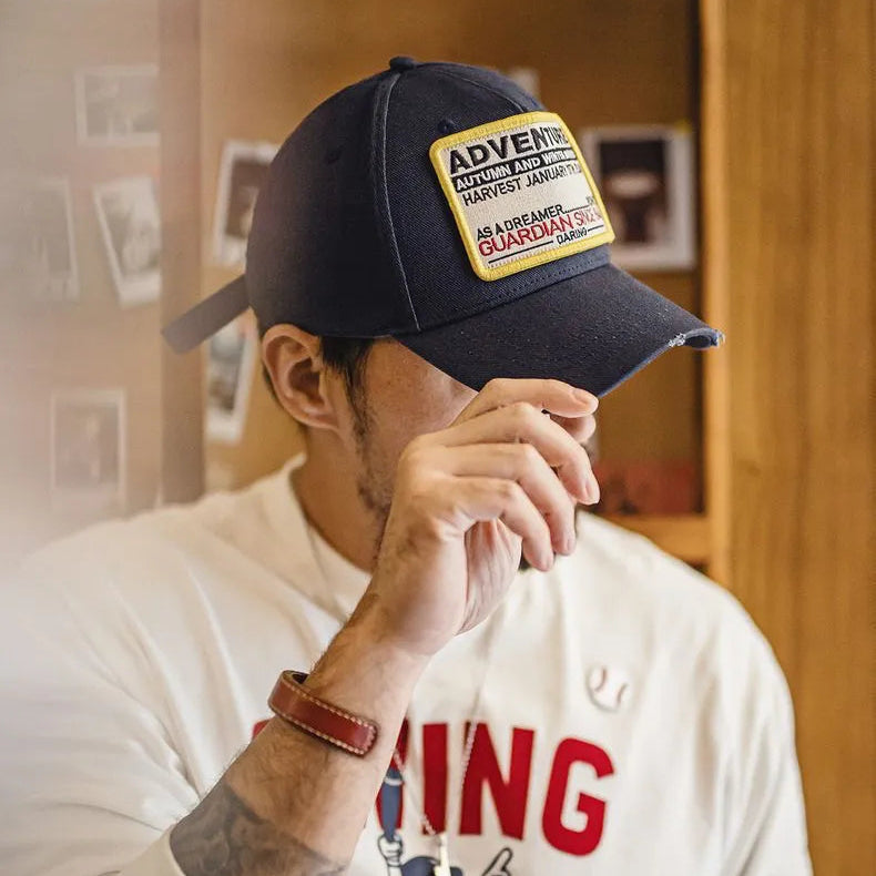Navy Cotton Adventure Baseball Cap – Embroidered Patch Distressed Brim Hat