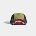 Mesh cycling cap in olive green, front view with white lettering across the raised brick red peak and a green crown graphic.