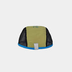 Mesh cycling cap in olive green, seen from the back with open side panels, blue edging and a grey tab.