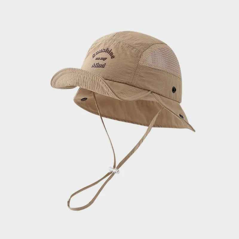 Mesh sun hat in khaki nylon, shown at an angle with embroidered lettering, a curved peak and an adjustable chin strap.