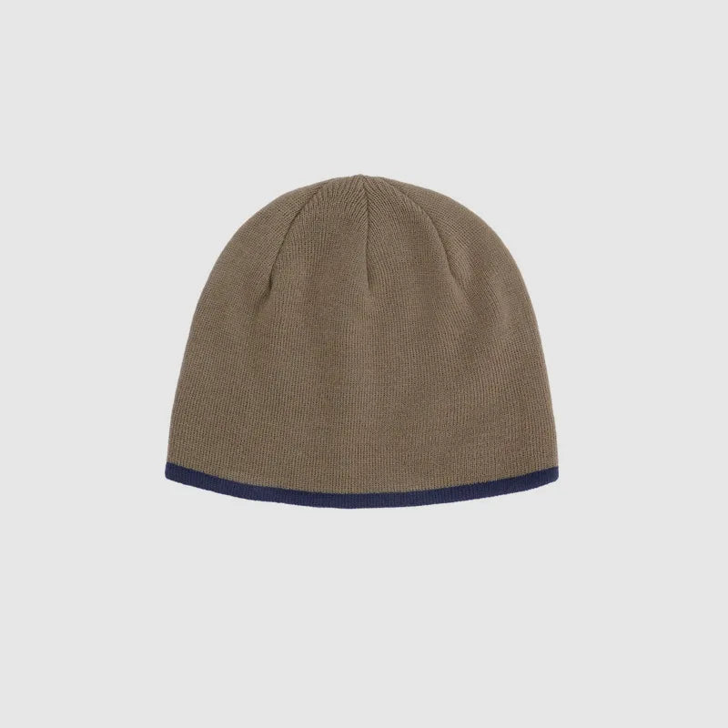 Beige acrylic knit beanie hat with classic dome shape and contrast colour hem design