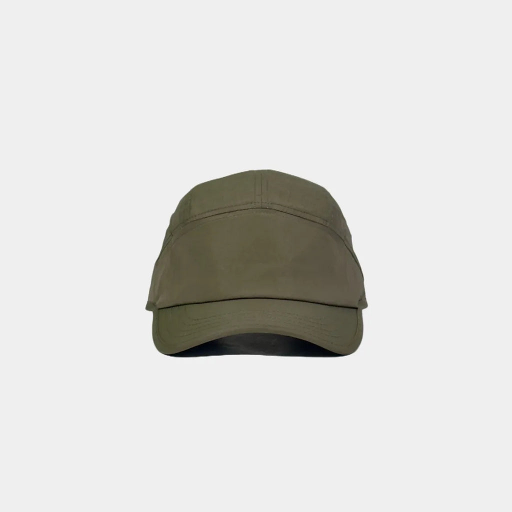 Minimalist nylon baseball cap in khaki green, front view with a plain crown and curved multi-row stitched brim
