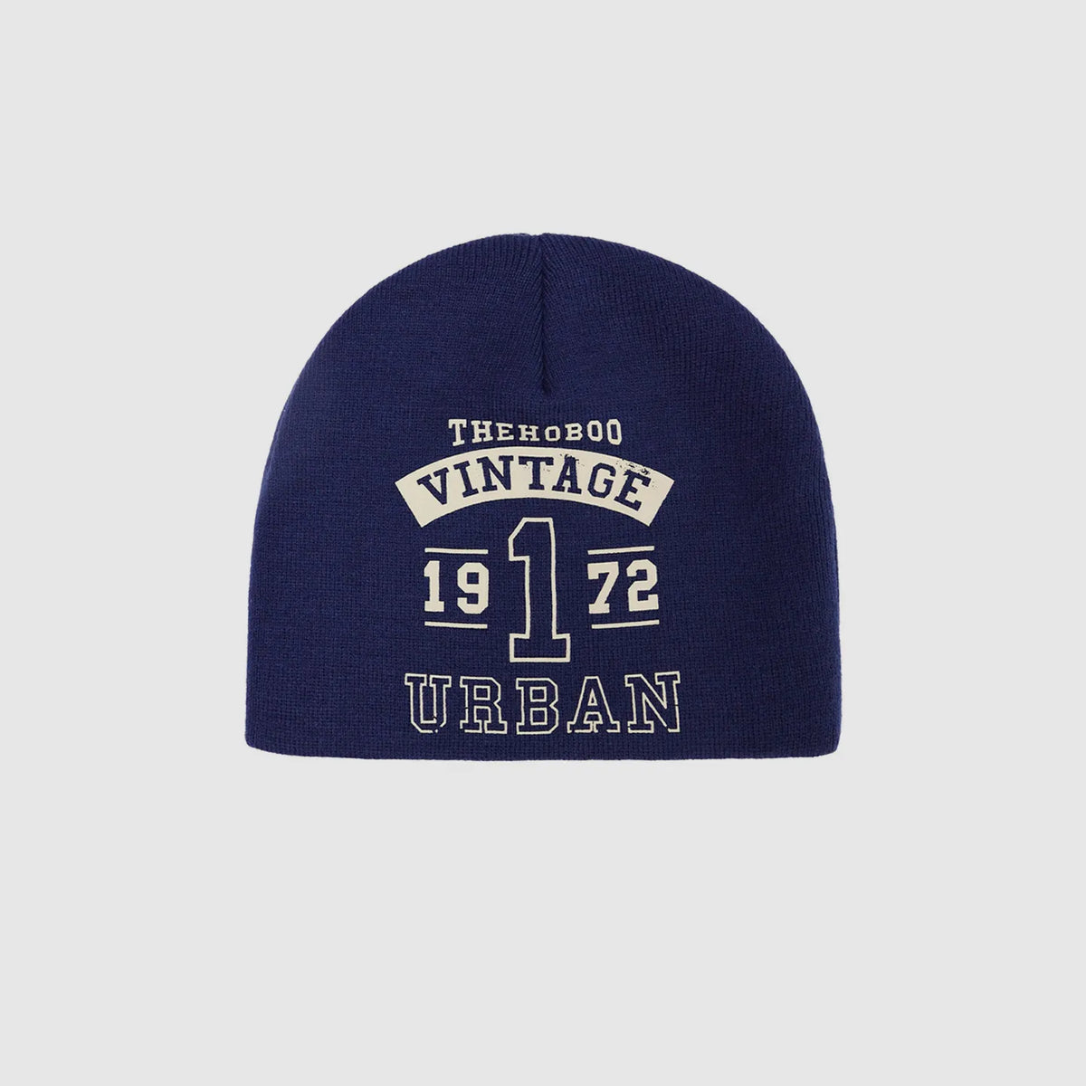 Navy winter beanie with classic 1972 graphic print and urban casual style