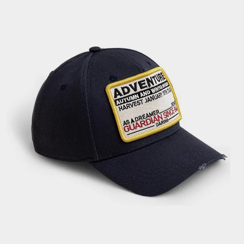 Navy Cotton Adventure Baseball Cap – Embroidered Patch Distressed Brim Hat