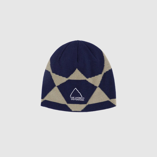 Navy blue acrylic beanie with cream geometric pattern and embroidered outdoor inspired logo