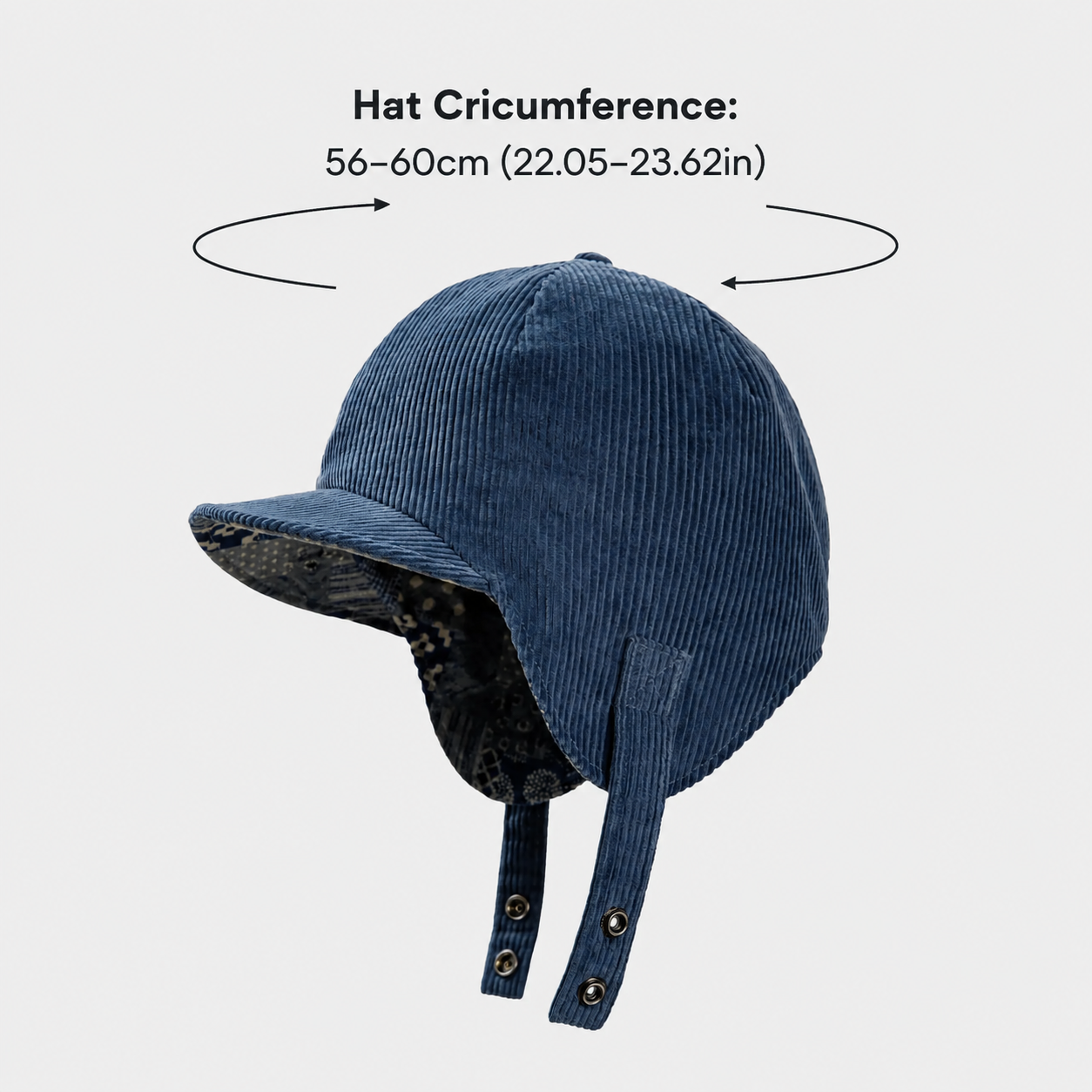 Navy corduroy ear flap cap size guide showing a 56–60 cm adjustable hat circumference