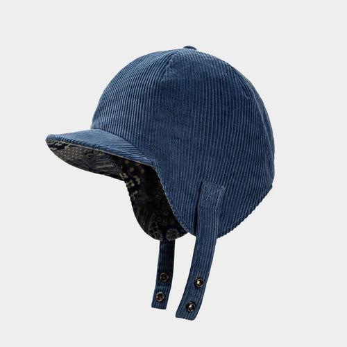 Navy cotton corduroy trapper cap with curved brim, ear flaps and snap-button chin straps
