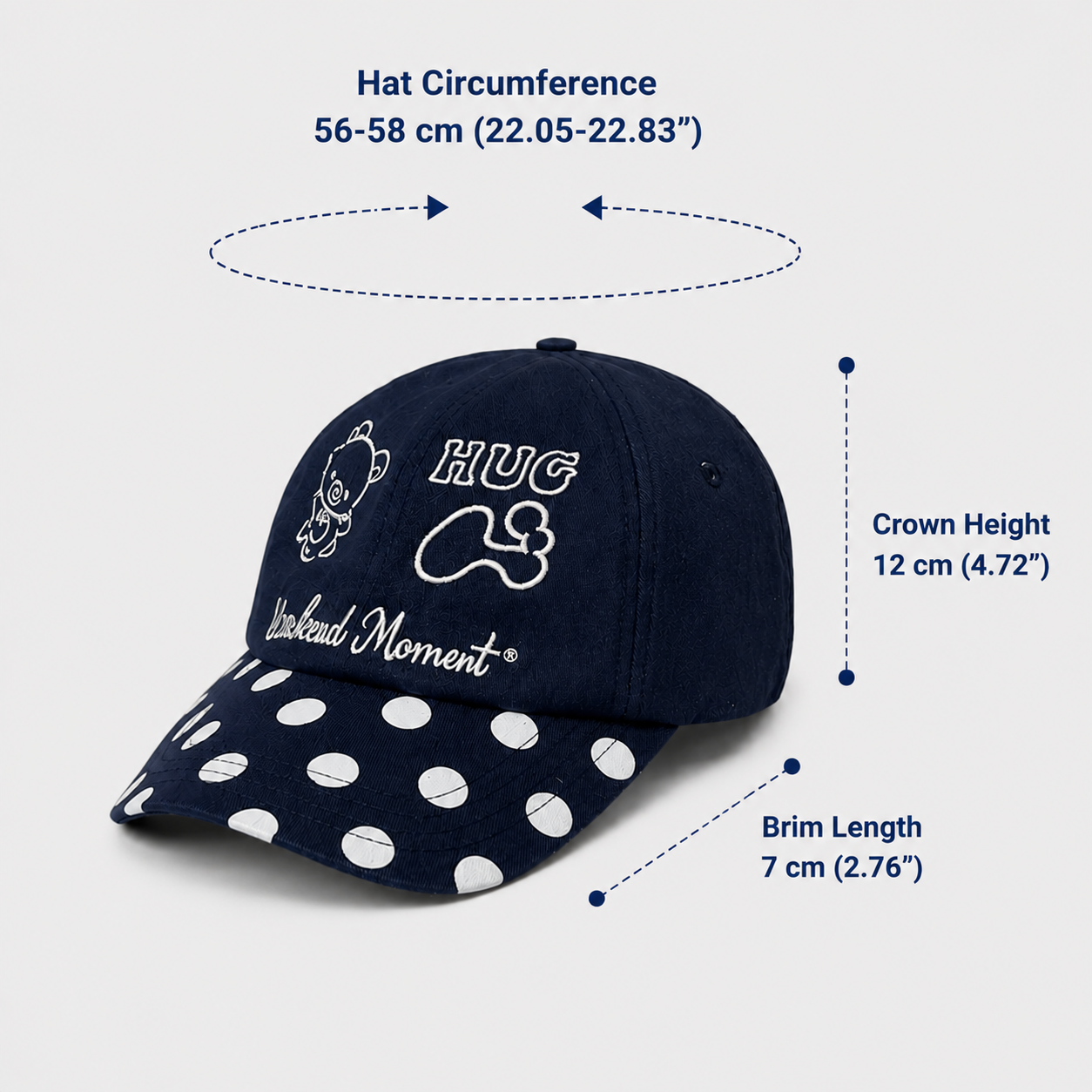 Size guide for a navy embroidered baseball cap showing a 56–58 cm hat circumference, 12 cm crown height and 7 cm brim length.