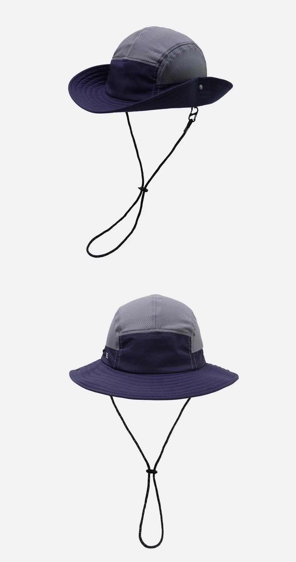 Vertical dual view of colorblock outdoor sun hat, wide foldable brim and detachable wind rope, quick dry camping bucket hat for men women