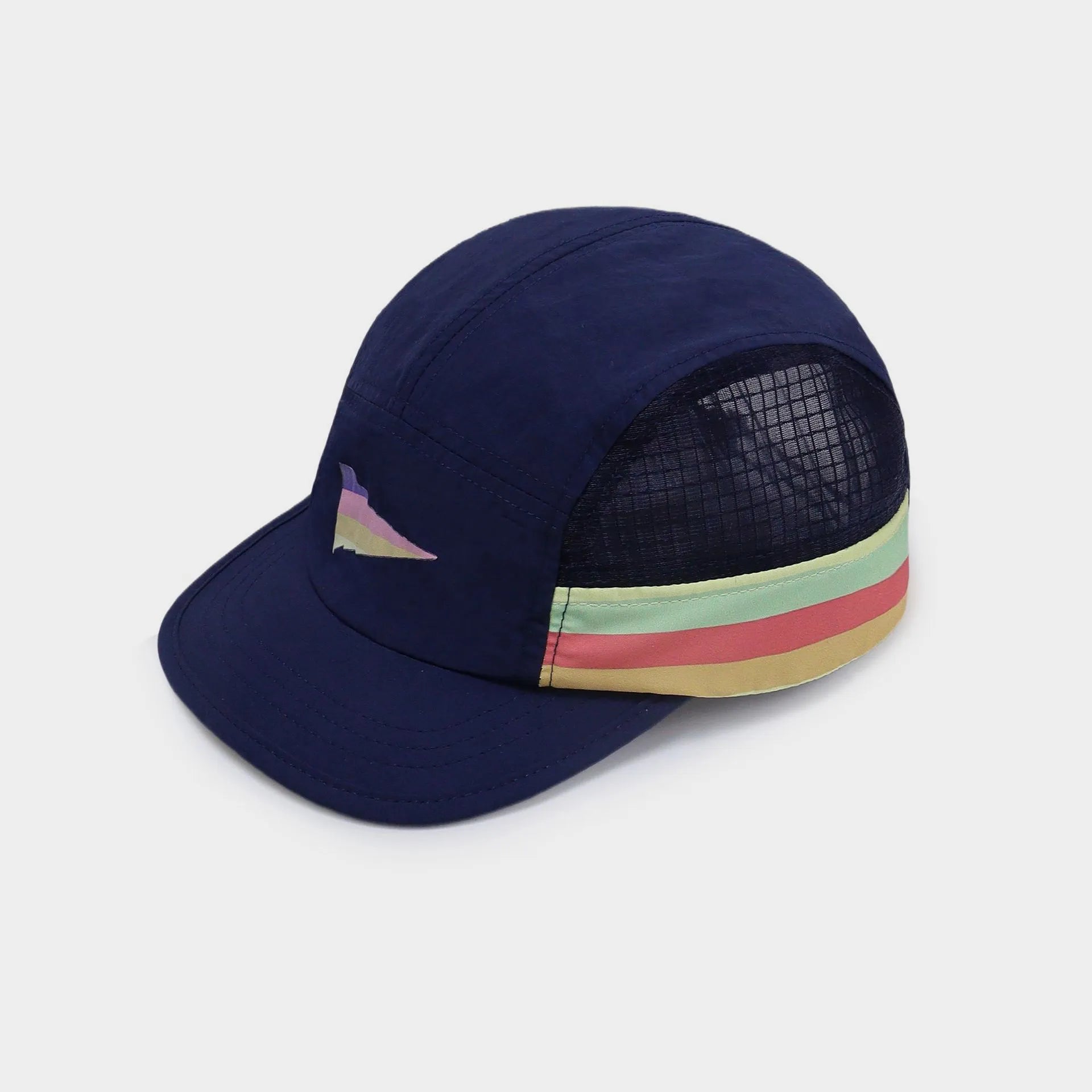 Navy foldable nylon five-panel cap with a dark mesh side panel, multicolour striped trim and short curved brim.