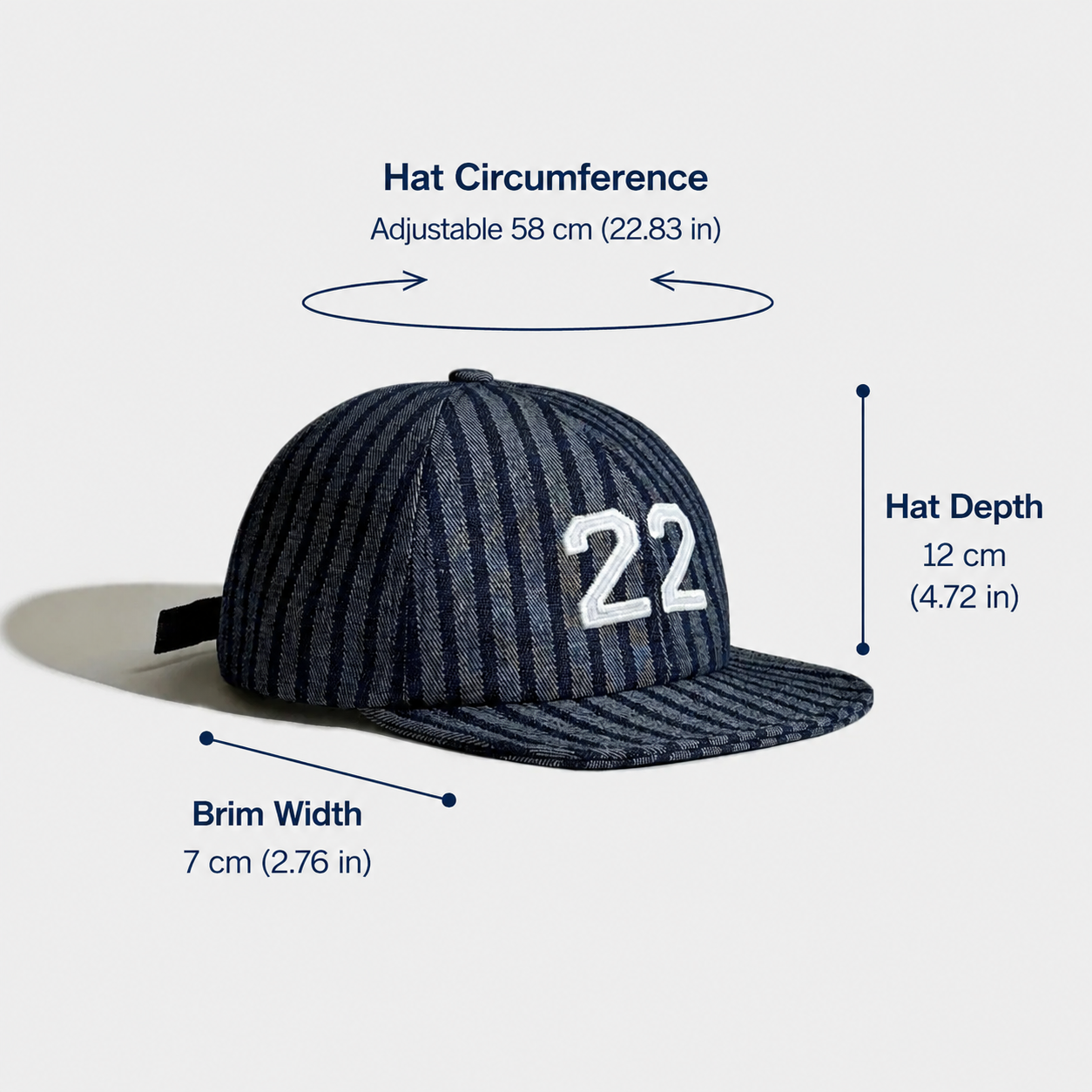 Size guide for a grey embroidered baseball cap showing a 56–60 cm hat circumference, 12 cm hat depth and 7 cm brim width.