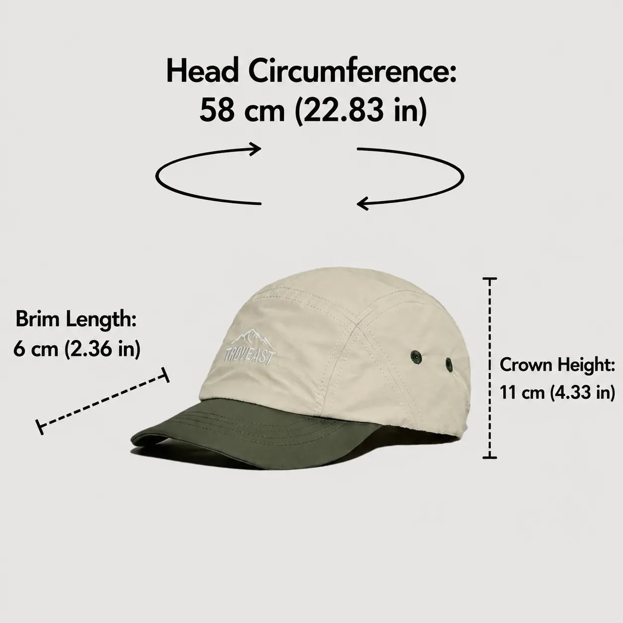 Nylon 5 panel cap size guide showing 58cm head circumference, 6cm brim length and 11cm crown height
