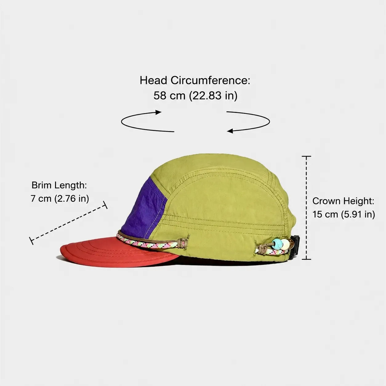 Nylon 5 panel cap size guide with adjustable outdoor hat measurements