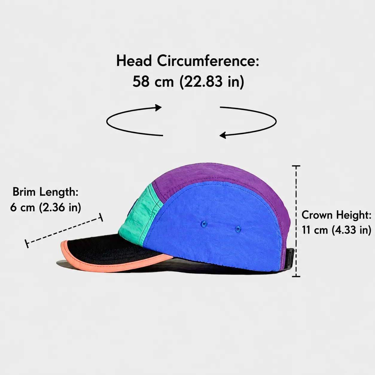 Nylon 5 panel cap size guide with crown height and brim length measurements