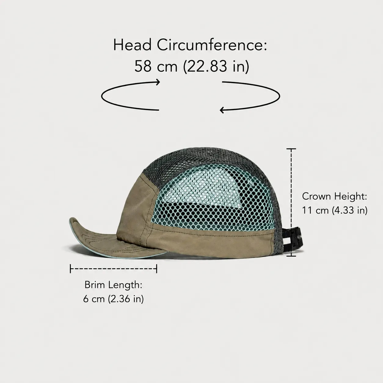 Nylon 5 panel cap size guide showing crown height and brim length measurements