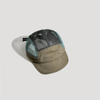 Khaki and black nylon 5 panel cap with breathable mesh panels and curved brim design