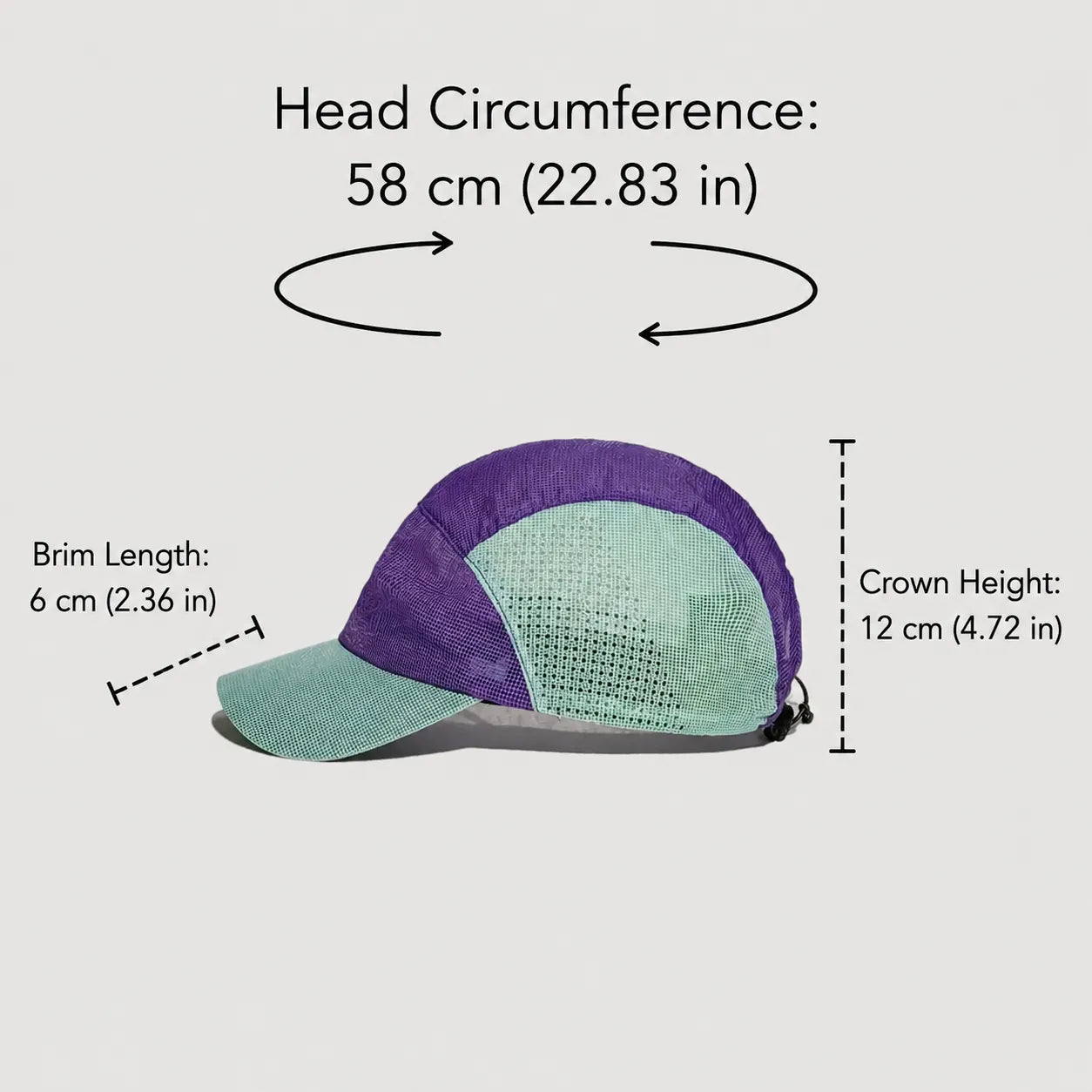 Nylon 5 panel mesh cap size guide showing head circumference, brim length and crown height