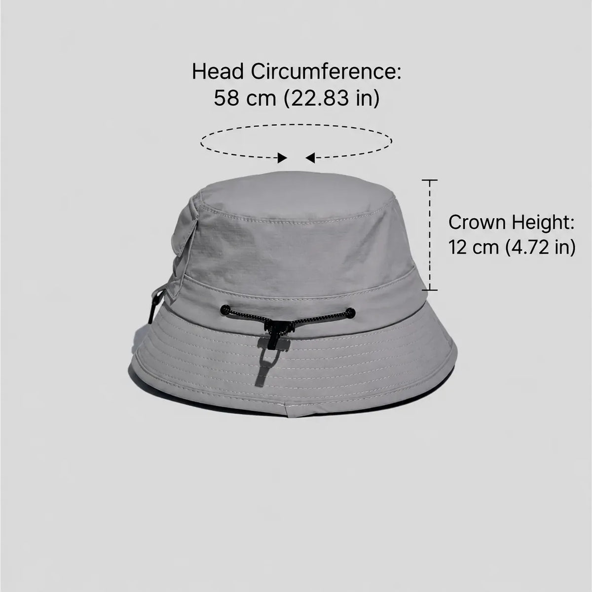 Nylon bucket hat size guide in light grey, showing a 58 cm head circumference and 12 cm crown height
