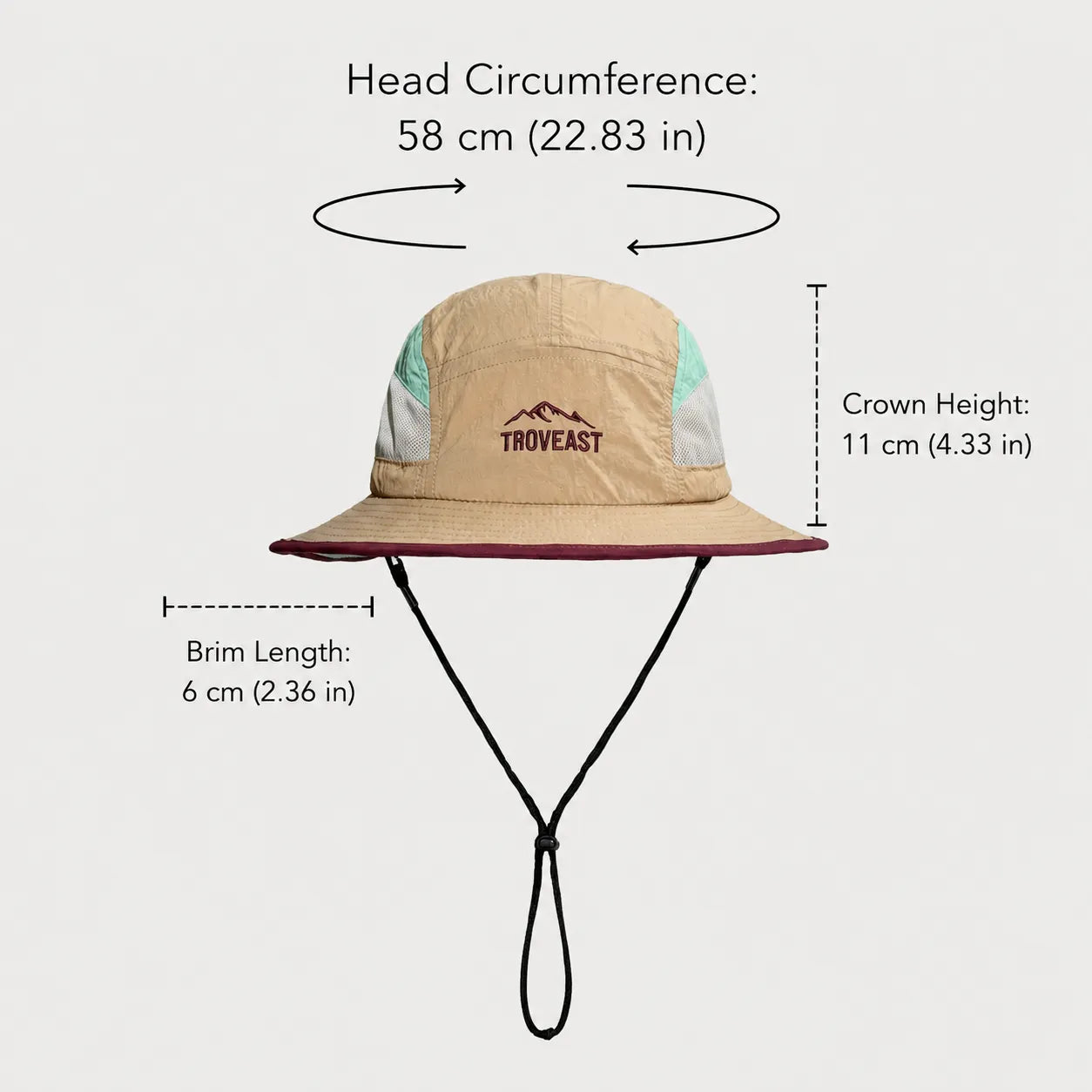 Nylon bucket hat size guide showing crown height and brim length measurements