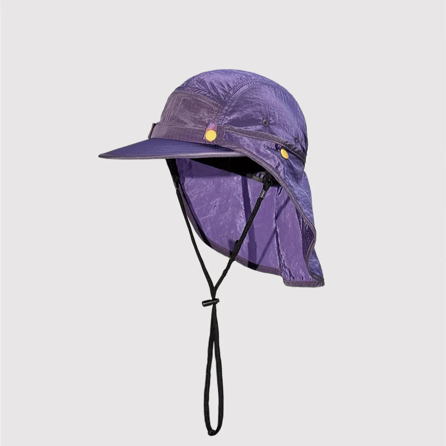 Side view of purple 5 panel nylon cap with detachable neck cover and crinkle texture
