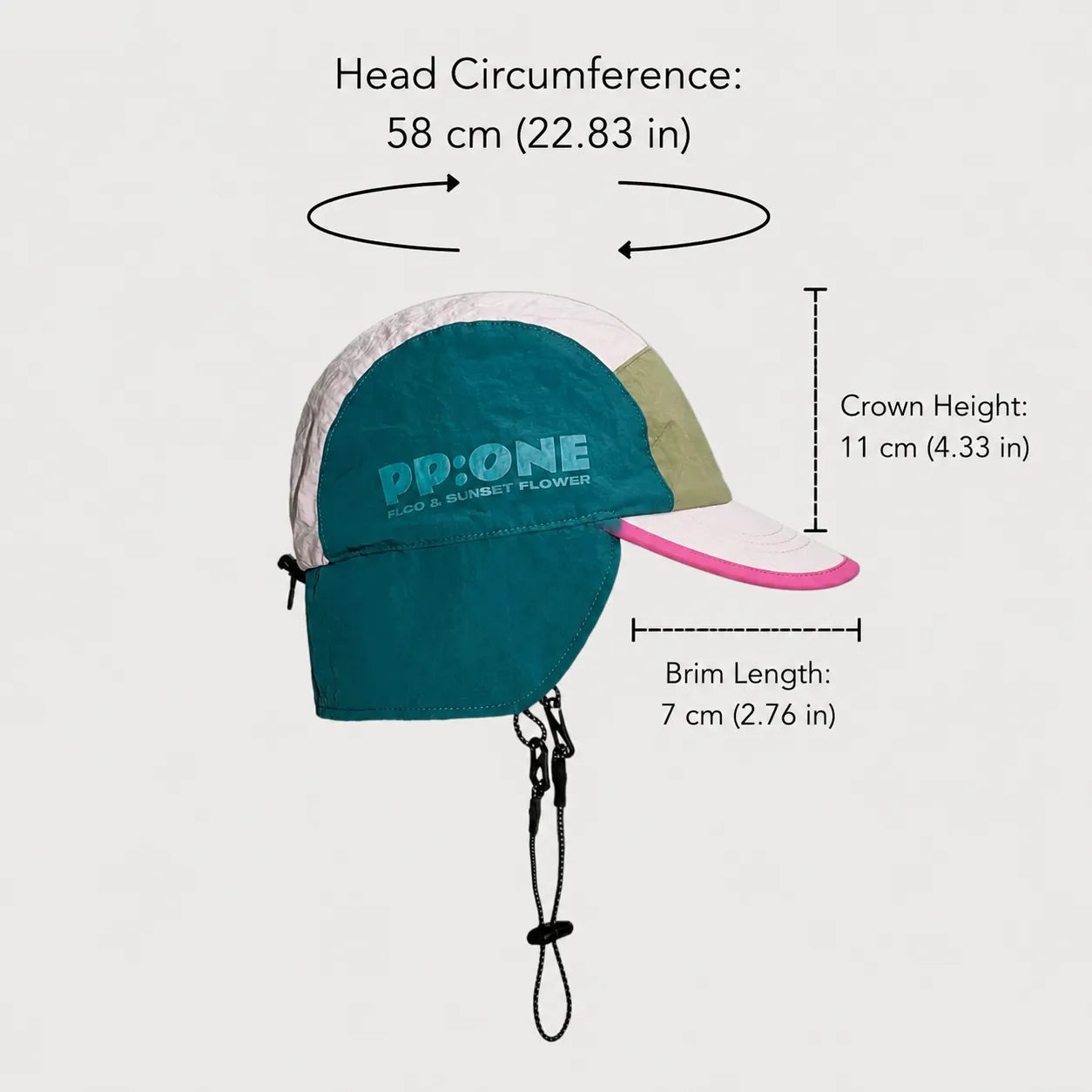Nylon ear flap cap size guide showing head circumference, crown height and brim length measurements