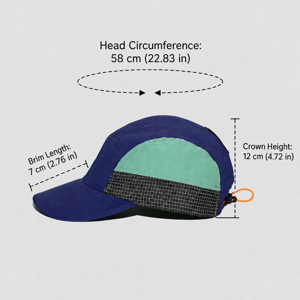 Nylon five panel cap size guide in deep purple and mint green, showing a 58 cm fit, 7 cm peak and 12 cm crown