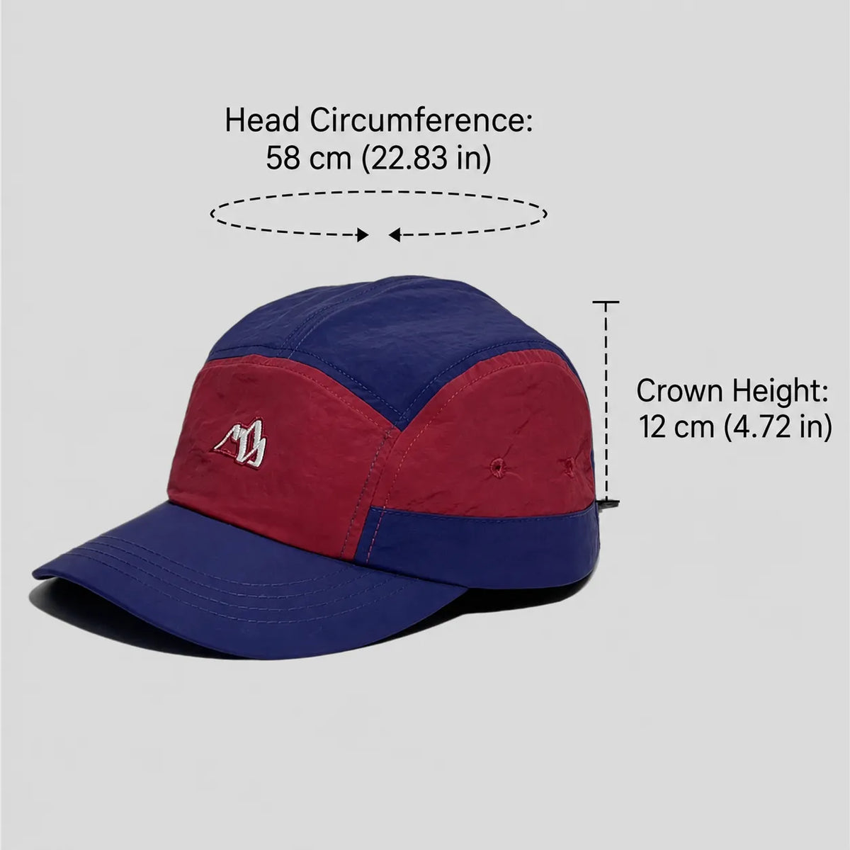 Nylon five panel cap size guide showing a 58 cm head circumference and 12 cm crown height