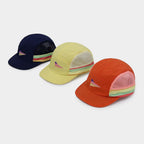 Orange, yellow and navy lightweight nylon five-panel caps with mesh side panels, striped details and short brims.