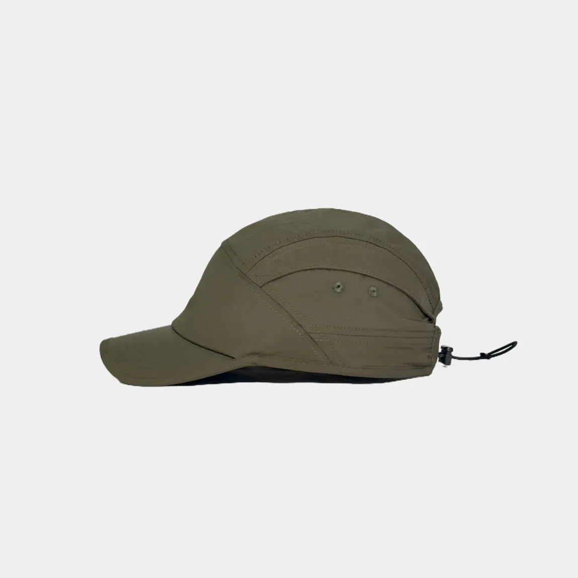 Nylon outdoor cap in khaki green, side view showing two eyelets, curved seams and rear drawcord adjuster