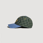 Nylon plaid cap side profile showing structured crown and contrast brim design