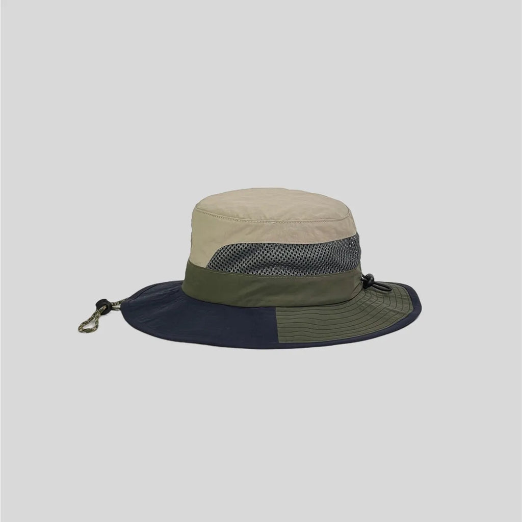 Nylon boonie hat at a front angle, showing mountain embroidery, grey mesh panels and a colour-block brim.