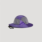 Purple nylon wide brim bucket hat back view with adjustable chin cord detail
